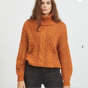 Chunky Cable Knit sweater turtleneck brown camel size M‎ oversized fall winter